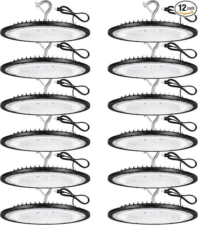 12 Pack 150W UFO LED High Bay Lights,IP66 Waterproof,120VAC,21000LM 5000K Daylight, 660W MH/HPS with Plug Commercial Bay Lighting for Barn,Gym,Factory,Warehouse,Shop,Workshop,Gym,Garage