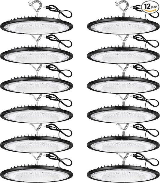 12 Pack 150W UFO LED High Bay Lights,IP66 Waterproof,120VAC,21000LM 5000K Daylight, 660W MH/HPS with Plug Commercial Bay Lighting for Barn,Gym,Factory,Warehouse,Shop,Workshop,Gym,Garage