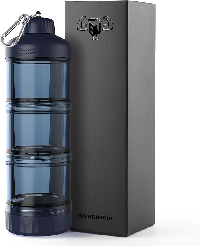 BYLWORKOUT 3-Layer Protein Powder Travel Container with Funnel and Keychain | Portable Food Storage Organizer for Gym, Fitness, Kitchen, Camping, Hiking, and Travel (Ink Blue)