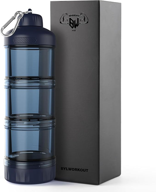 BYLWORKOUT 3-Layer Protein Powder Travel Container with Funnel and Keychain | Portable Food Storage Organizer for Gym, Fitness, Kitchen, Camping, Hiking, and Travel (Ink Blue)