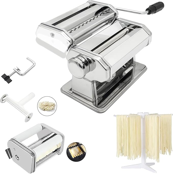 Pasta Maker Machine with 9 Adjustable Thickness Settings, 2 in 1 Noodle Maker Includes Pasta Cutter, Ravioli Maker Attachment & Pasta Drying Rack