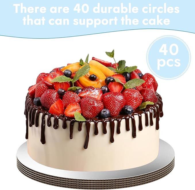 JCD Sliver Cake Boards 6 inch Round, 40 Packs Food-Graded Cardboard Cake Rounds, Waterproof and Oil-Proof Cake Plates, Sturdy Corrugated Cake Base, Ideal for Baking, Cake DIY(Sliver, 6inch/40Pcs)