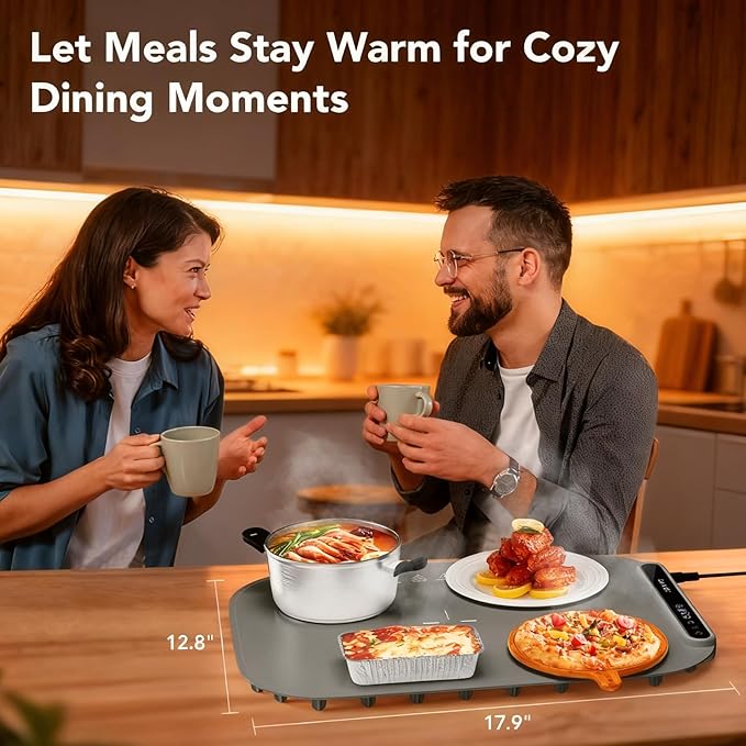 Food Warming Mat, Food Warmers for Parties Buffet, Silicone Heating Mat with 7 Temperature Settings, Roll-Up Storage, 17.91"x12.8", Grey