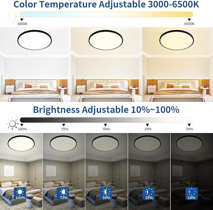 20 Inch Black Led Ceiling Light, Dimmable with Remote Control, Modern, Ultra Thin Flush Mount, Round Light Fixtures, 48W, 4800 Lumen, for Bedroom, Living Room, Kitchen, Dining Room