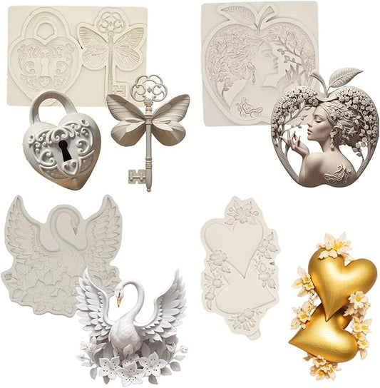 (Four-piece set) Love swan key, lock, apple girl, DIY silicone mold, cake chocolate mold wedding cake decoration tool soft cake