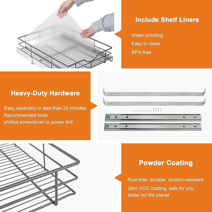 ALINE FURNITURE Pull Out Shelves - 17" W x 22" D Soft Close Pull Out Cabinet Organizer 1 Tier - Slide Out Drawers with Shelf Liner, Heavy Duty Steel Wire Baskets for Kitchen Cabinets, Pantry, Bathroom
