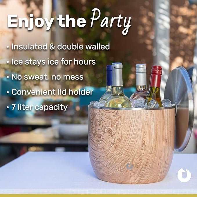 SNOWFOX XL Premium Vacuum Insulated Double Wall Stainless Steel Ice Bucket with Lid/Scoop, Bar Accessories, Large Elegant Party Bucket, Chill Several Bottles, Beautiful Entertaining, 7L, Natural Teak