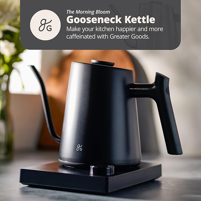 Greater Goods Electric Gooseneck Kettle, 1200W Stainless Steel with Precision Temperature Control, Fast Boil, BPA-Free, Ideal for Pour Over Coffee and Tea,1L (Onyx Black)