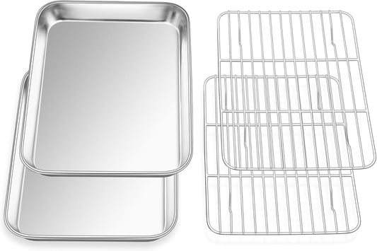 E-far Small Baking Sheet with Wire Rack (2 Pans + 2 Racks), Stainless Steel Cookie Sheets Trays & Cooling Rack for Toaster Oven, Non Toxic & Warp Resistant, Oven & Dishwasher Safe, 9.4 x 7.3 x 1 Inch