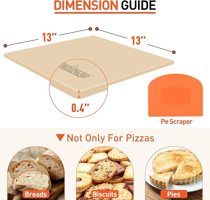 Pizza Stone For Oven and Grill 13 Inch, Baking Stone For Bread Thermal Shock Resistant BBQ Grilling Square Pizza Pan Cordierite Cooking Pan with PE Scraper
