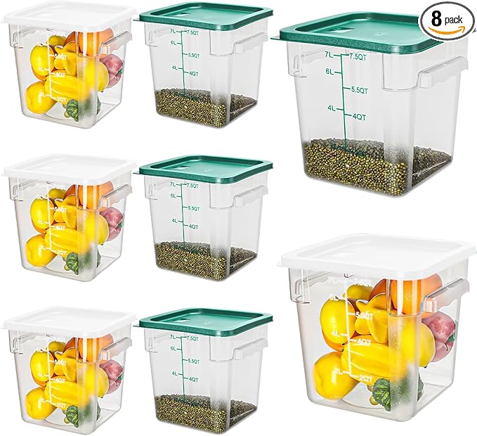 Lallisa 8 Pack 8 Qt Clear Food Storage Container with Handles and Lid Commercial Grade Square Food Storage Containers Polycarbonate Air Tight box for Home Kitchen Restaurant (Green, White)