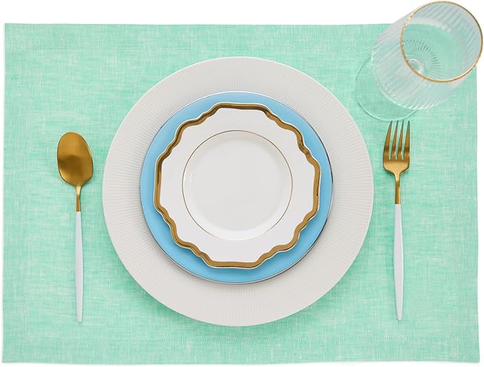 Solino Home Linen Cloth Placemats Set of 4-100% Pure Linen Chambray Aqua Placemats 14 x 19 Inch - Athena