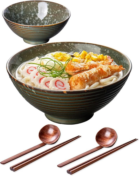 8 Inch 40oz Large Japanese Ramen Bowl Set of 2,Material Safety Ceramic Ramen Bowls with Matching Chopsticks and Spoons, Pho Bowls Ramen Noodle Bowl for Asian Udon Soup Salad Cereal(Green)