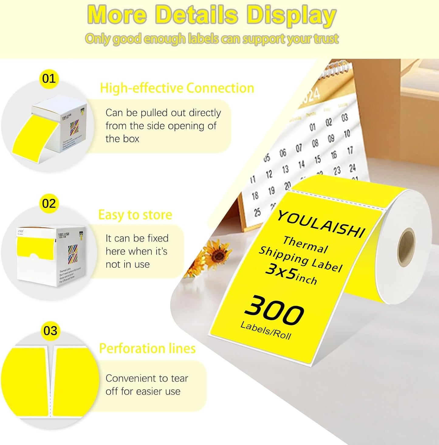 300per Roll 3 X 5 Inch Printable Rectangle Color Coding Labels, Adhesive Color Coding Stickers for Bar-Codes, Address, Small Business Labeling, Inventory, Yellow