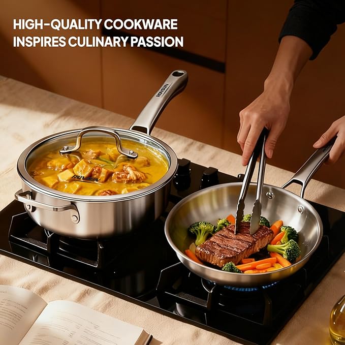 ROVSUN 11-Pcs Stainless Steel Cookware Set, Tri-Ply Pots and Pans Set with Lids, Full Clad Stainless Steel, Non-Toxic Kitchen Set, PFOA & PTFE Free, Compatible for All Cooktops