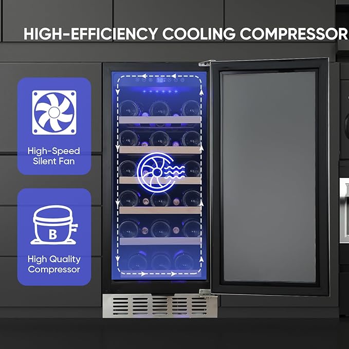 15 Inch Wine Cooler Under Counter, 30 Bottle Wine Fridge with Stainless Steel Glass Door, Built-In or Freestanding Wine Cellar with Removable Shelves and Digital Temperature Control