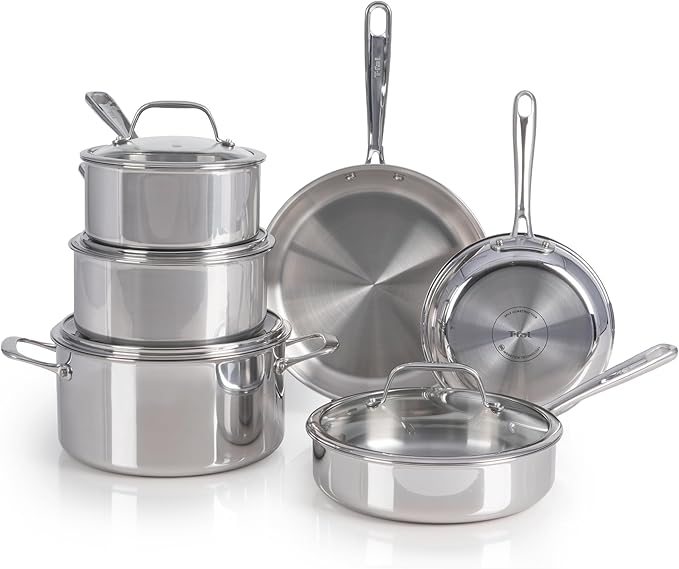 T-Fal Pro Tri-Ply Stainless Steel Cookware Set, 10 Piece-Induction Compatible, Oven Safe 500F, Lids-350F, Even Heat, Professional Quality, Durable, Induction Pots and Pans Set, Silver