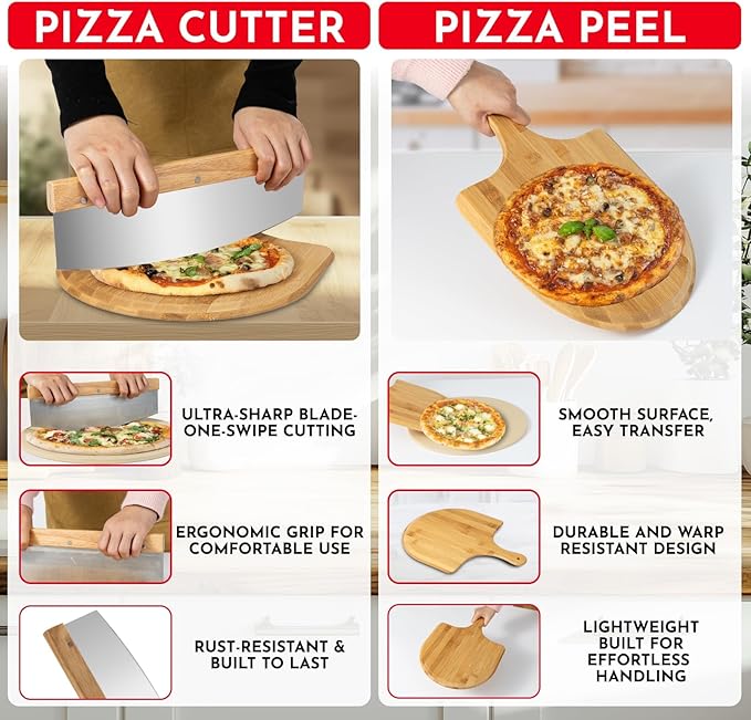 3PCS Round Pizza Stone for Oven Set 15" - Comes with Pizza Peel for Oven and Cutter - Cordierite Stones for Bread, Calzone, Cookies