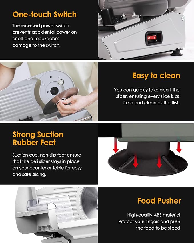 Meat Slicer Machine for Home, Electric Food Slicer, with 7.5" Stainless Steel Blade, 180 W, Adjustable Thickness, Easy to Clean, Cuts Meat, Bread, Cheese and Deli, Sliver
