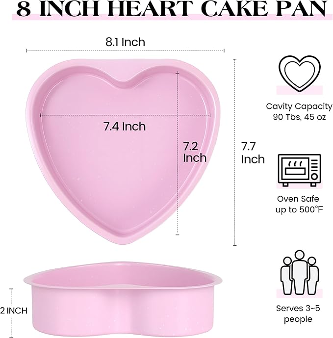 8 Inch Heart Shaped Cake Pans Set 2 Pack Nonstick Cake Pan for Baking Carbon Steel Large Heart Molds (Pink)
