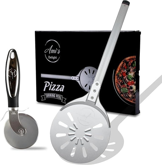 Ami’s Delight 8" Perforated Pizza Turning Peel With Free Pizza Wheel Cutter | Lightweight Aluminum Pizza Peel Turner Spiner with Long Handle | Pizza Oven Accessories
