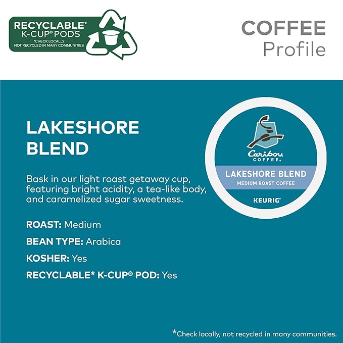 Caribou Coffee Lakeshore Blend Keurig Single-Serve K-Cup Pods, Medium Roast, 24 Count (Pack of 4)