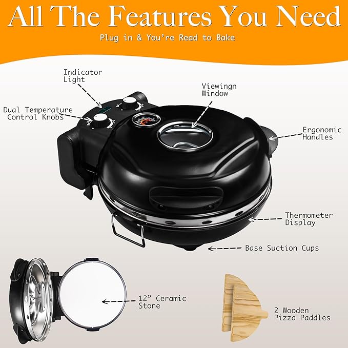 Crispy Crust Pizza Oven-12" Electric Pizza Maker Machine for Home, Pizza Cooker Countertop Maker with Ceramic Stone Heats Up to 800˚F Pizza Oven Indoor, Black