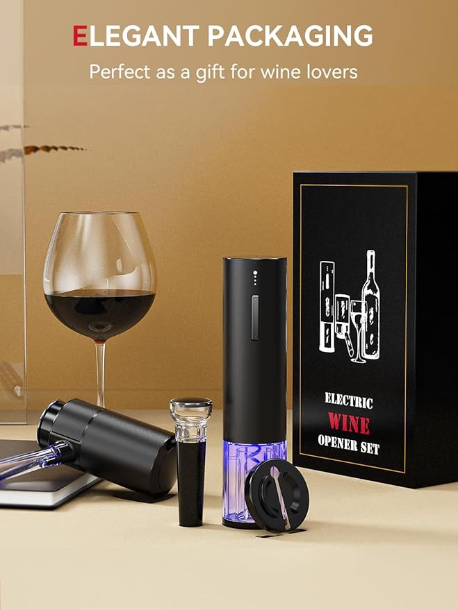 Rechargeable Electric Wine Gift Set - Aerator, Vacuum Stoppers, Foil Cutter and Bottle Opener for Home Bar and Outdoor Parties (Black)