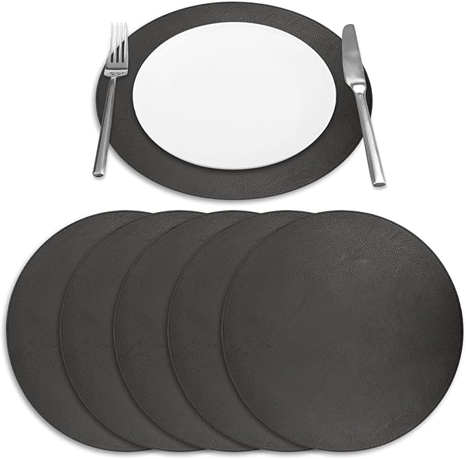 Placemats Set of 6 – Round 15” Faux Leather Table Mats for Dining, Heat Resistant & Non-Slip Washable Table Decor, Indoor, Outdoor, Dining Table Set for 6, Modern Kitchen & Holiday Use,Black