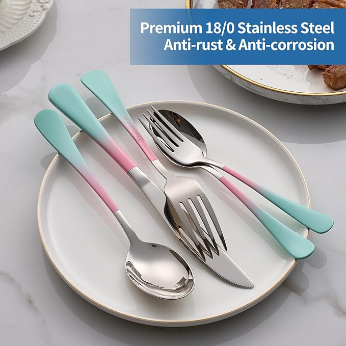 20-Piece pink & green Silverware Set,18/0 Stainless Steel Colorful Handle Flatware Set,Service for 4,Modern Cutlery Set Includes Dinner Knives Forks Spoons, Mirror Polished,Dishwasher Safe
