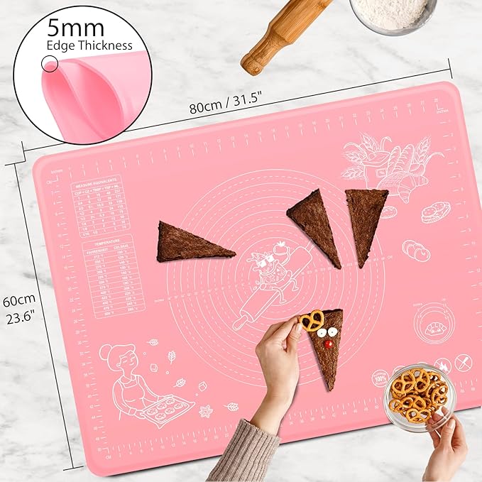 Silicone Pastry Mat 32" x 24" Extra Thick Non Stick Baking Mat with Measurements and Edge Heightening, Food Grade Silicone Rolling Mat for Pastry, Bread, Cookies, Pizza, Fondant, Pasta - Pink