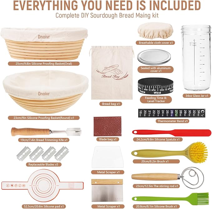 Sourdough Bread Kit - 9" & 10" Banneton Baskets, Bread Lame, Dough Scraper, Silicone Sling - Artisan No-Knead & Dutch Oven Baking Starter Set (Set 1)