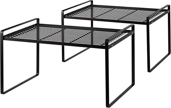 2Pack Kitchen Cabinet Shelf Counter Organizer Rack Pantry Storage Bathroom Bedroom Office Table Desk Space Saving Stackable Rust Resistant Non Slip Black Tall Wide L13.1in W10.6in H9.5in