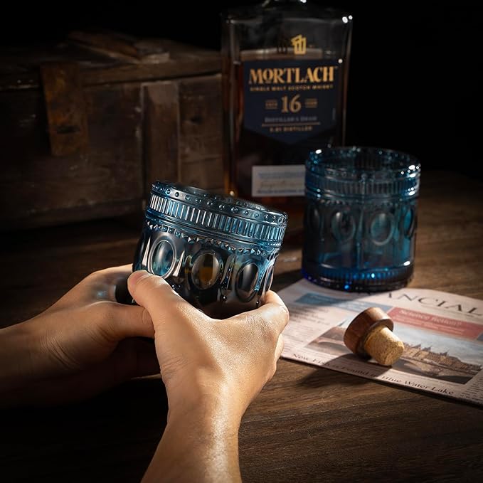 6-pack Vintage Drinking Glasses, Indian style,14 oz Large Modern Glass Tumbler, Embossed Patten Double Old Fashion Glass, Ripple Glassware (Cornflower Blue)