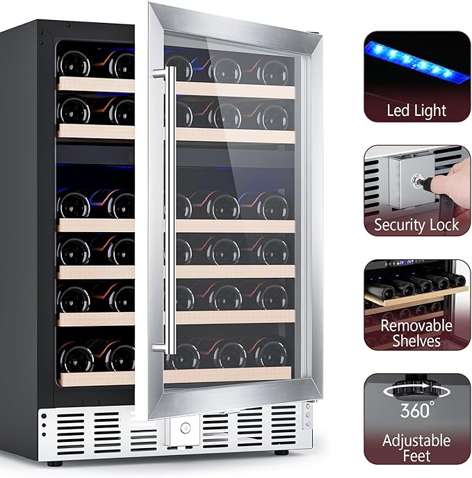 52 Bottle Wine Fridge with Lock, 24 Inch Wine Refrigerator for Red, White, Champagne, Beer, Dual Temperature Zone, Built-In or Freestanding, Wood Shelves, Stainless Steel Glass Door