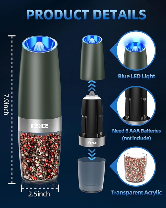 XinXu Gravity Electric Pepper Grinder, Salt or Pepper Mill & Adjustable Coarseness, with LED Light, One Hand Automatic Operation -Set/DarkGreen