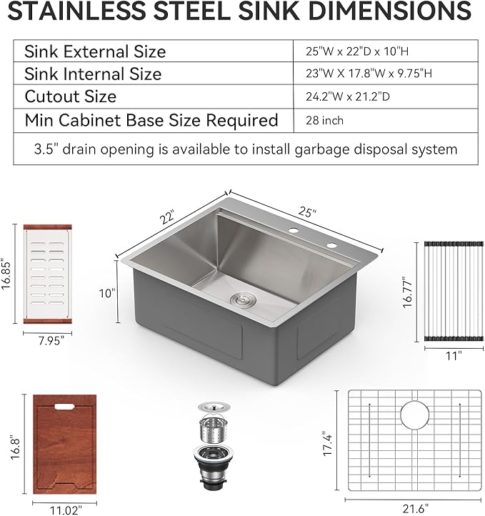Lordear Drop In Kitchen Sink 25 Inch Stainless Steel Drop In Workstation Sinks 16 Gauge Ledge Workstation 25x22 Drop-in Topmount Single Bowl Kitchen Sink With Accessories