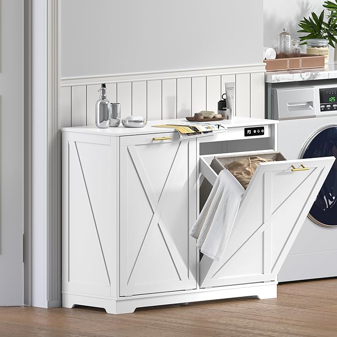 Tilt Out Trash Can Cabinet for 2 Bins, Hidden Recycle Garbage Bin Enclosure, Wooden Double Laundry Cabinet with Odor Control, Negative Ion & Ozone, for Kitchen, Bathroom, Laundry Room