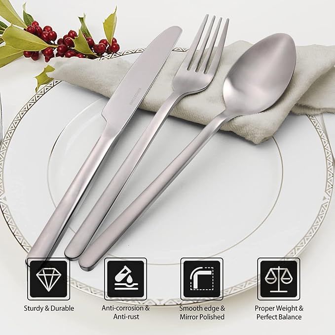 KINGSTONE 40 Piece Silverware Set, Flatware Set for 8, 18/10 Stainless Steel Cutlery Set Mirror Polished Modern Design Dishwasher Safe, Matte Silver