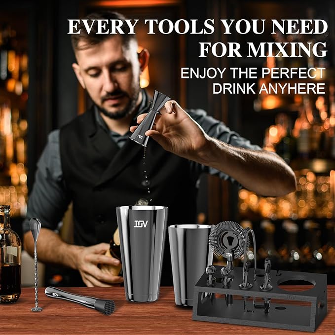 IOV Cocktail Shaker Set: 12-Piece Mixology Bartender Kit Bar Set | 18oz & 28oz Boston Shaker Drink Mixing Tools for Home with Recipe Booklet and Stand | Fun Housewarming Gift (Black)