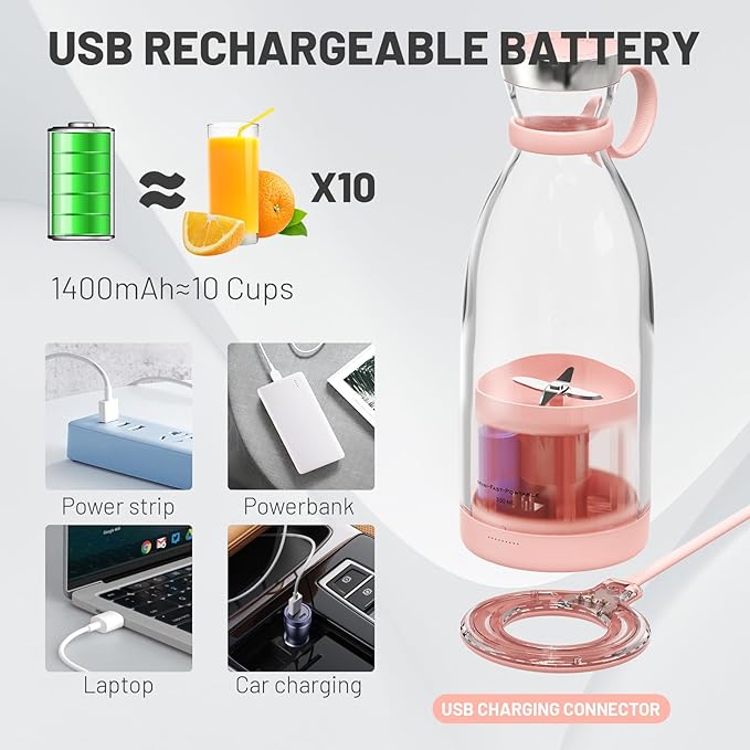 OTPEIR Portable Blender for Shakes and Smoothies with 11.83 Oz Travel Cup and Lid,Durable Stainless Steel Blades for Juice Blending Performance, Pink