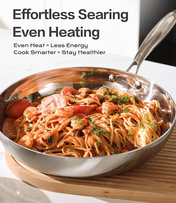 12 Inch Stainless Steel Frying Pan with Lid, 3-Ply Stainless Clad Skillets Fry Pan Fast & Even Heating, Oven Safe Up to 600℉ Dishwash Safe Compatible for All Cooktops Kitchen Cookware