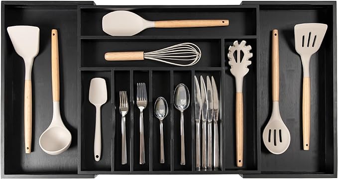 KitchenEdge Premium Silverware, Flatware and Utensil Organizer for Kitchen Drawers, Food-Safe Contract Grade, Expandable from 18 to 33 In, Black Bamboo