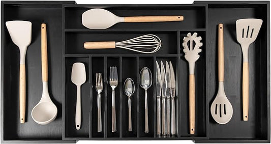 KitchenEdge Premium Silverware, Flatware and Utensil Organizer for Kitchen Drawers, Food-Safe Contract Grade, Expandable from 18 to 33 In, Black Bamboo