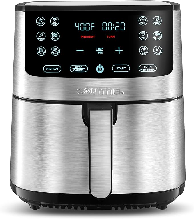 Gourmia Air Fryer Oven Digital Display 8 Quart Large AirFryer Cooker 12 Touch Cooking Presets, XL Air Fryer Basket 1700w Power Multifunction GAF838 Black and stainless steel air fryer