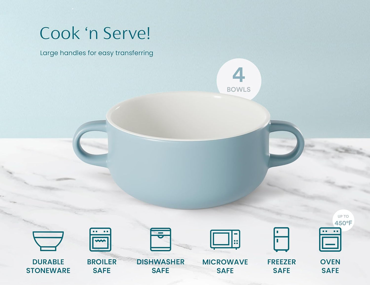 KooK Soup Crocks, Ceramic Bowls, Broil, Oven, Microwave and Dishwasher Safe, with Handles, For Casserole, Pasta, Cereal, 18 oz, Set of 4 (Pale Blue)
