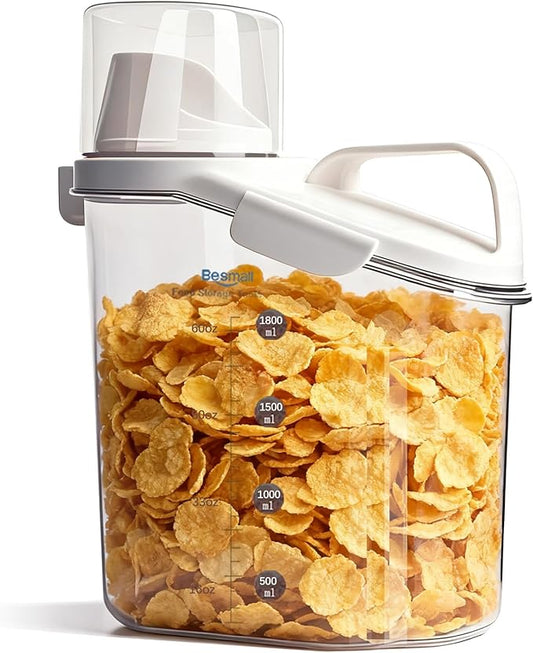 Cereal Containers Storage,2L Airtight Large Dry Food Storage Containers with Pouring Spout, Measuring Cup for Flour and Grain,BPA Free Plastic Dispenser ((1pcs) White-67oz)