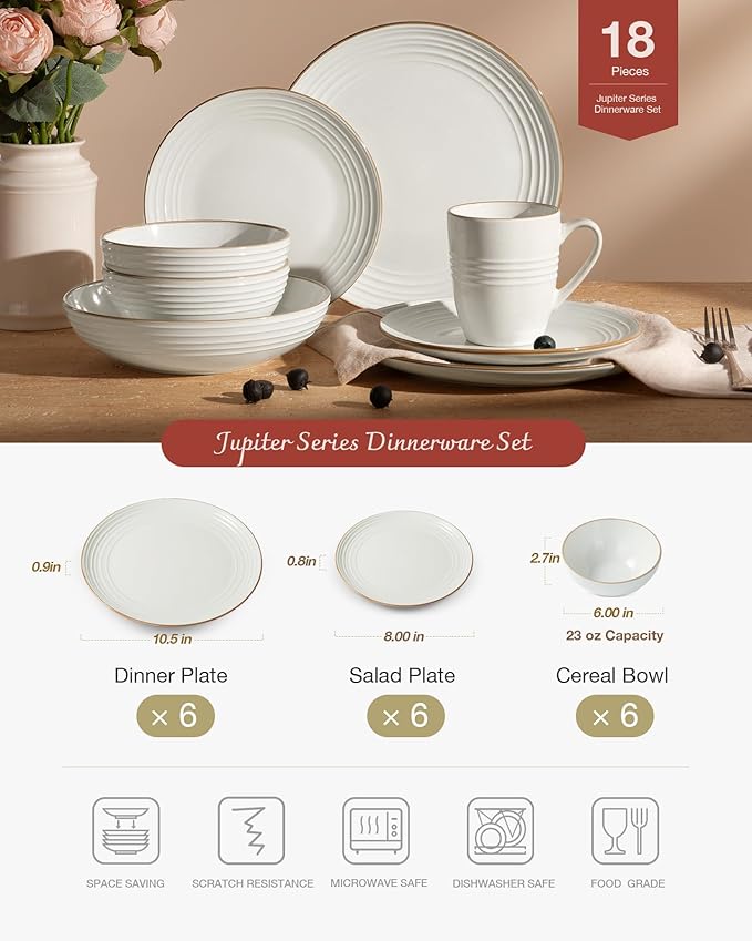 Famiware Jupiter Dinnerware Set, Plates and Bowls Dish Sets for 6 (18 Pieces), Microwave and Dishwasher Safe Stoneware Speckled Tableware, Chip and Scratch Resistant, White