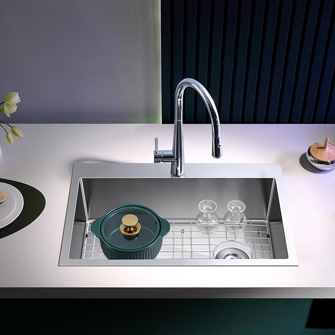 25 inch Kitchen Sink Single Bowl - Drop-in Topmount Kitchen Sink with Protective Bottom Grid, 304 Stainless Steel Overmount Kitchen Bar Sink Handmade with Basket Strainer, 25×18×9 inch
