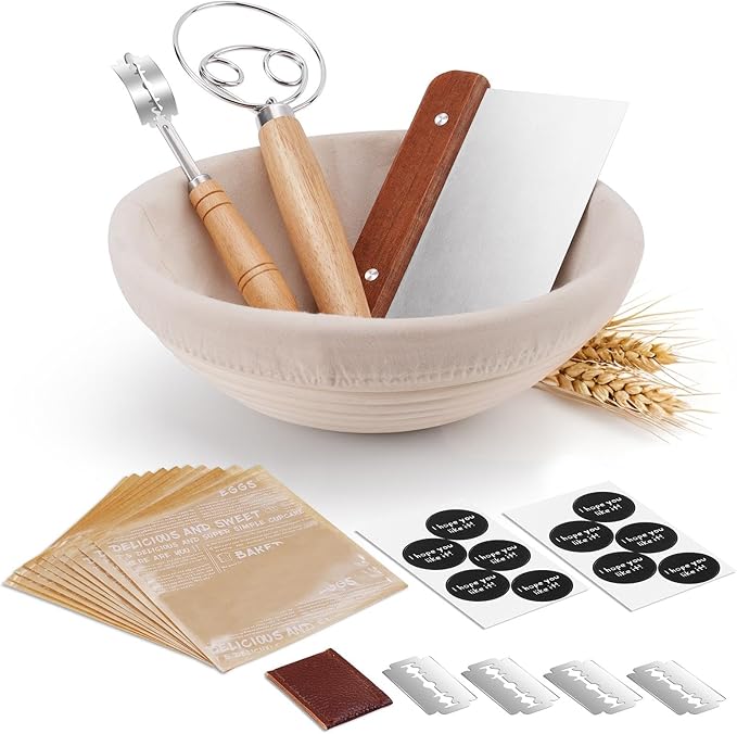 Banneton Bread Proofing Basket, Round 10 Inch Sourdough Starter Kit, Sourdough Bread Baking Supplies with Sourdough Proofing Basket Danish Dough Whisk Scoring Lame Dough Scraper Bread Bag with Sticker
